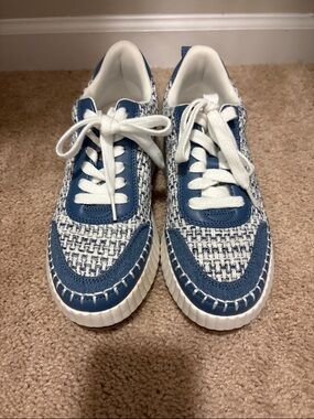 Blue & White Tweed Lace-Up Sneakers